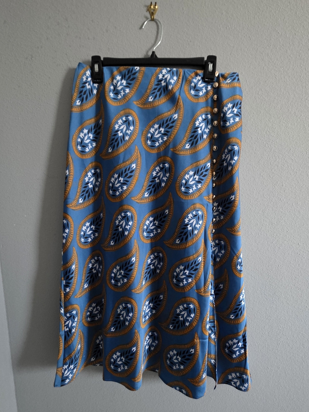 Ann Taylor Blue Paisley-Print Midi Skirt with Tan Accents